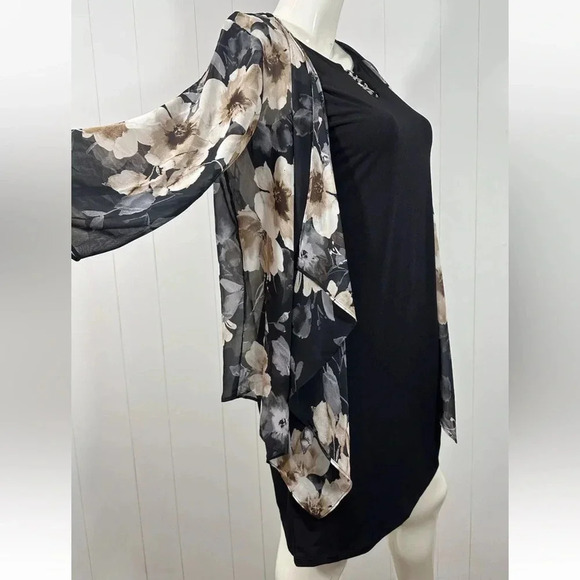 NWT R&k Womens Solid Black Dress With 3/4 Sleeve Floral Shear Sz 8 - Picture 4 of 11